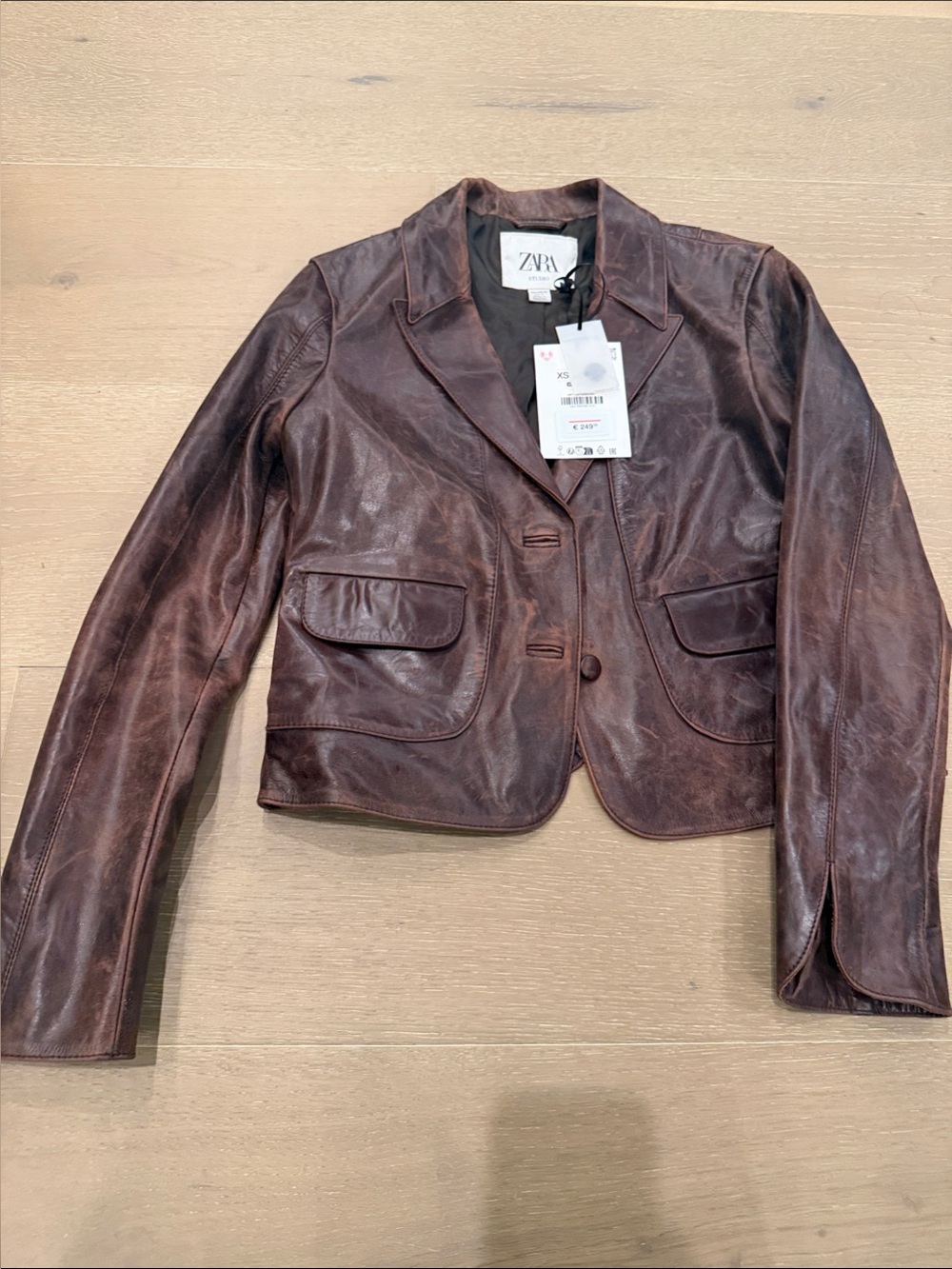 ZARA STUDIO Women's Distressed Brown Leather Blazer Jacket